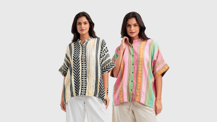 Geometric print kaftan shirt with metallic accents and mandarin collar, styled as Indian Fusion wear.