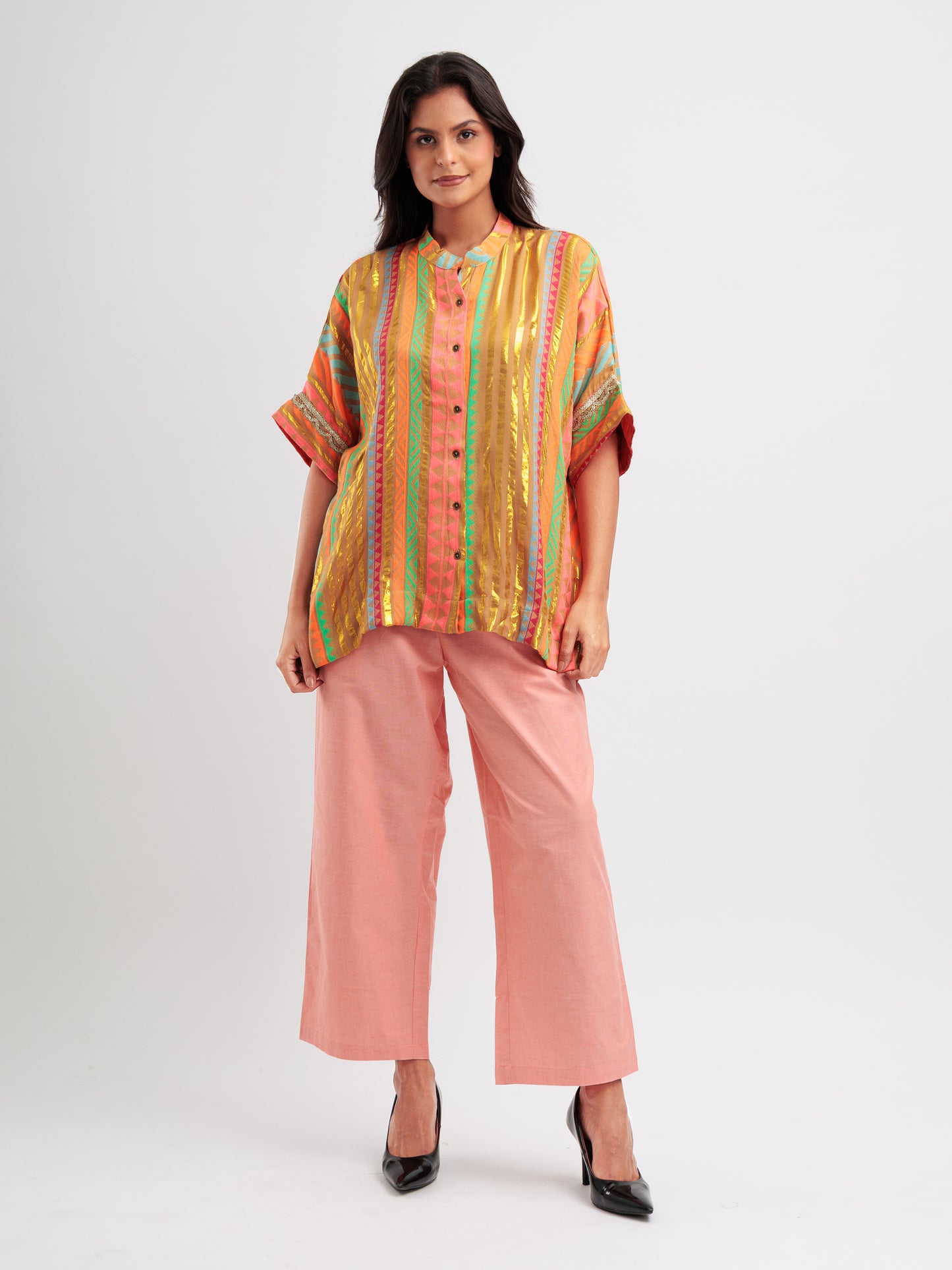 Amber Glow kaftan shirt featuring metallic gold stripes and vibrant geometric patterns.