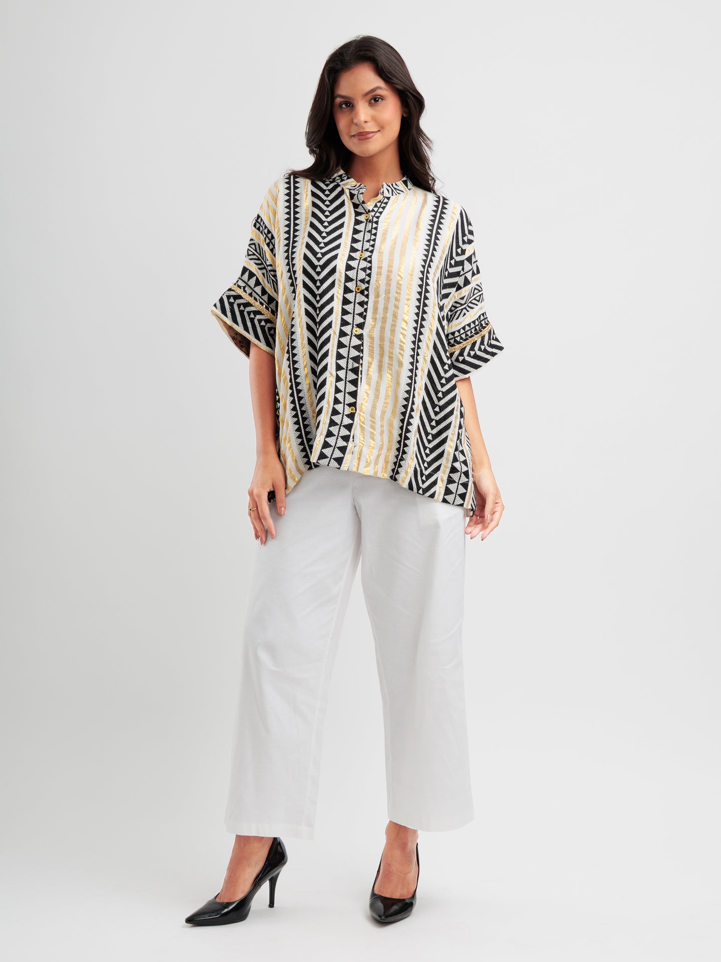 Geometric print kaftan shirt with metallic accents and mandarin collar, styled as Indian Fusion wear.