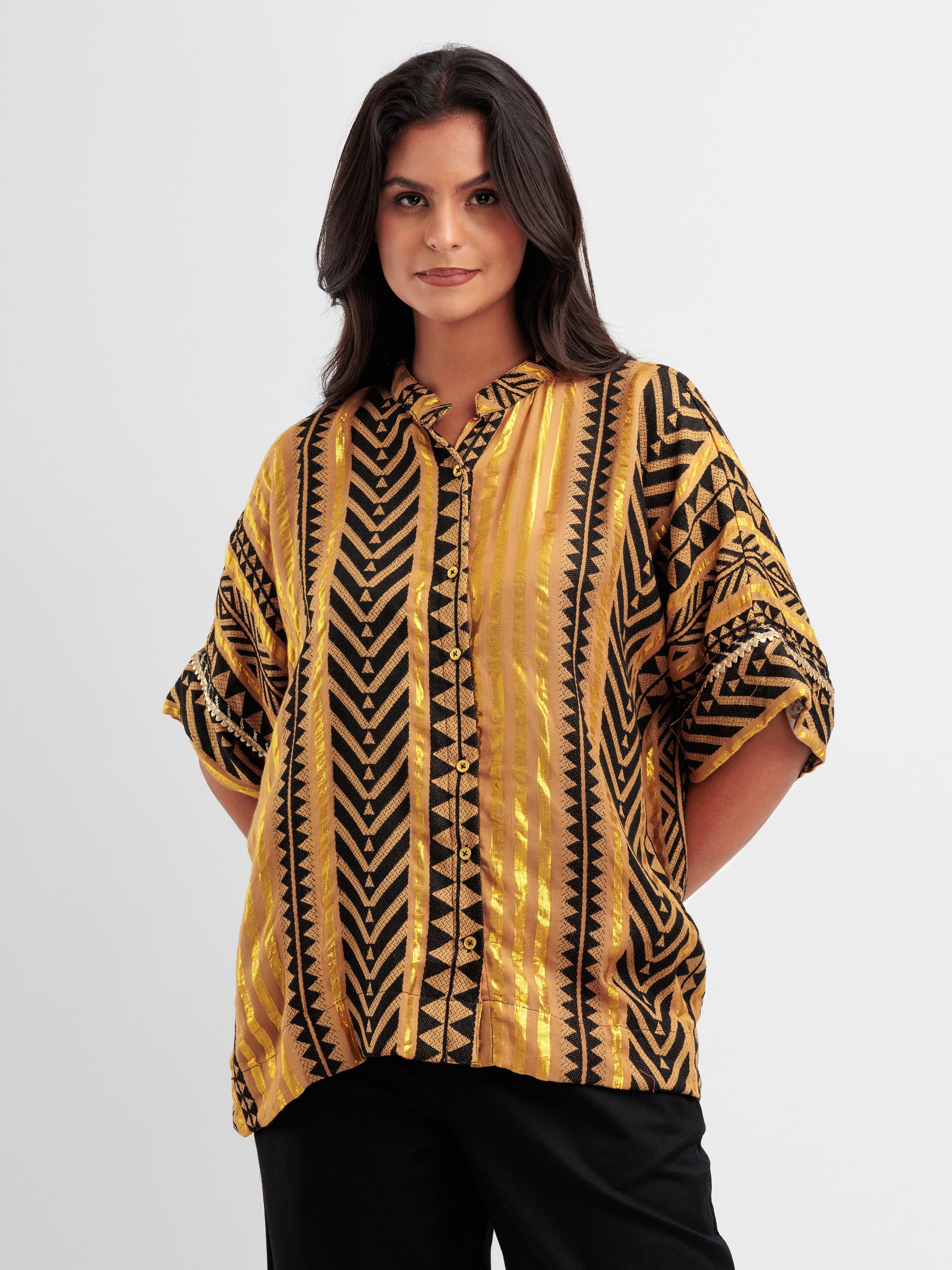 Black and gold geometric kaftan shirt with mandarin collar.