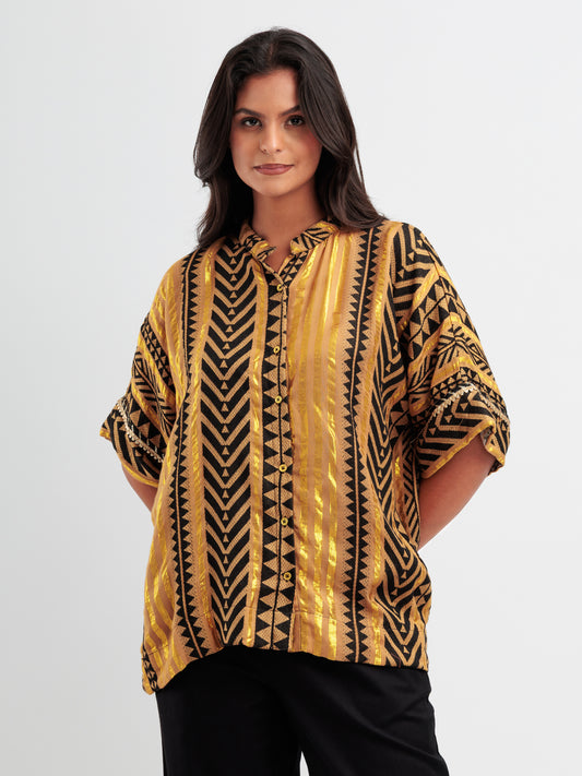 Black and gold geometric kaftan shirt with mandarin collar.