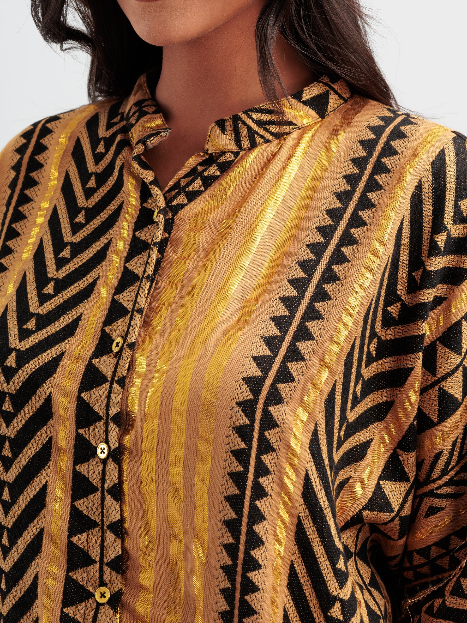 Black and gold geometric kaftan shirt with mandarin collar.
