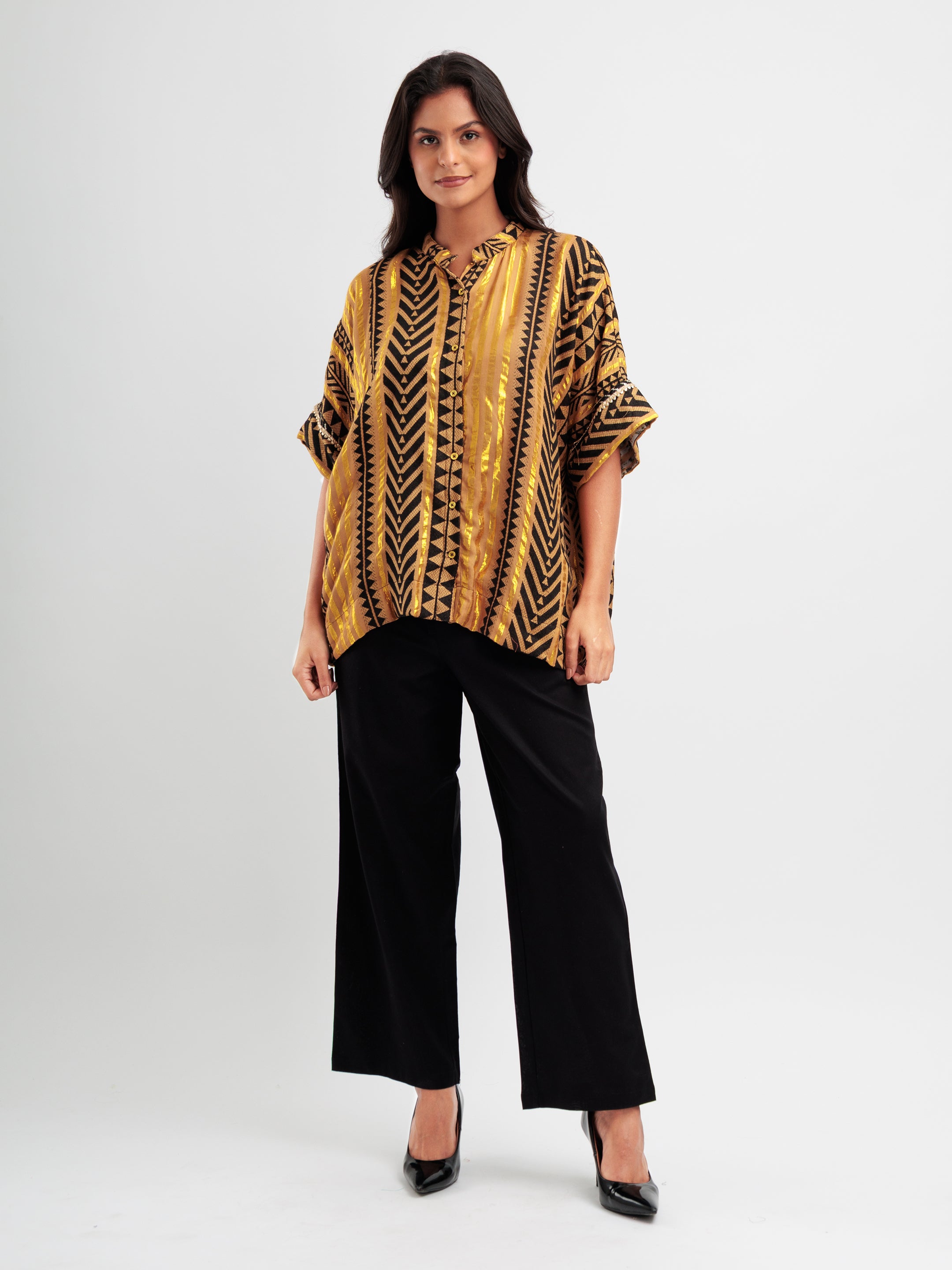 Metallic Tribe Kaftan Shirt | Black & Gold Designer Shirt for