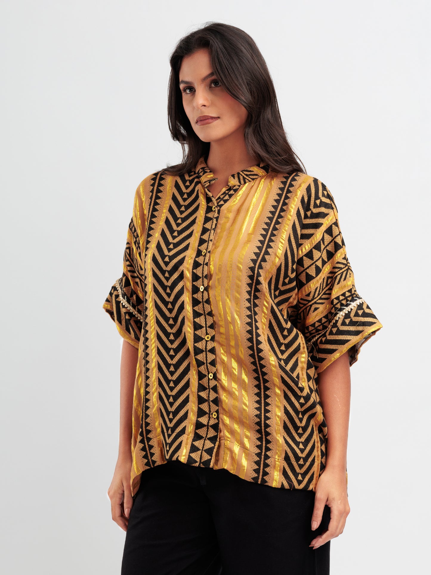 Black and gold geometric kaftan shirt with mandarin collar.