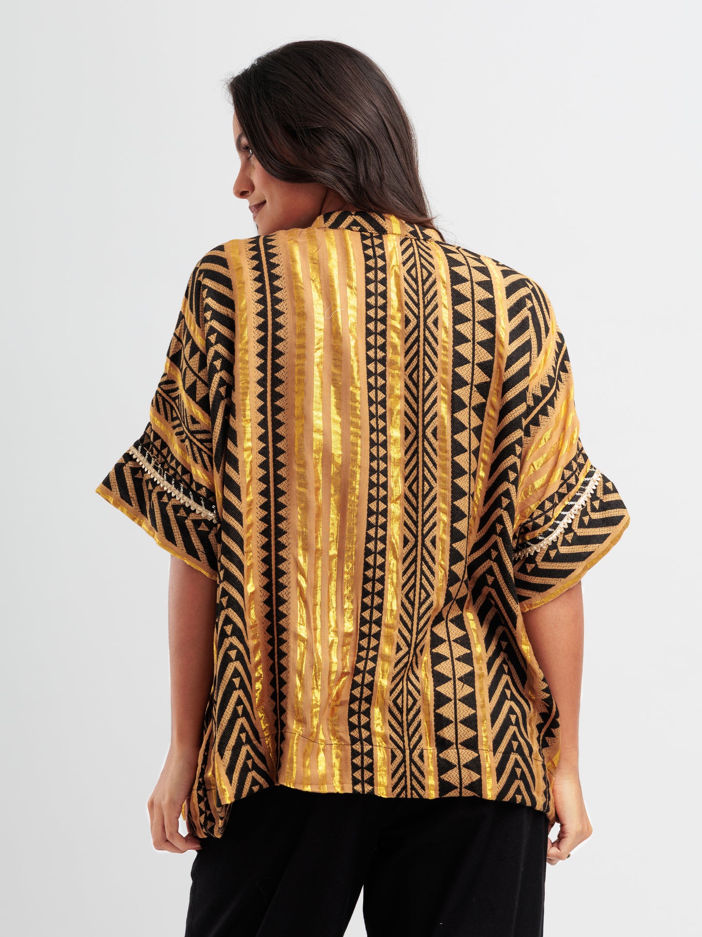 Black and gold geometric kaftan shirt with mandarin collar.