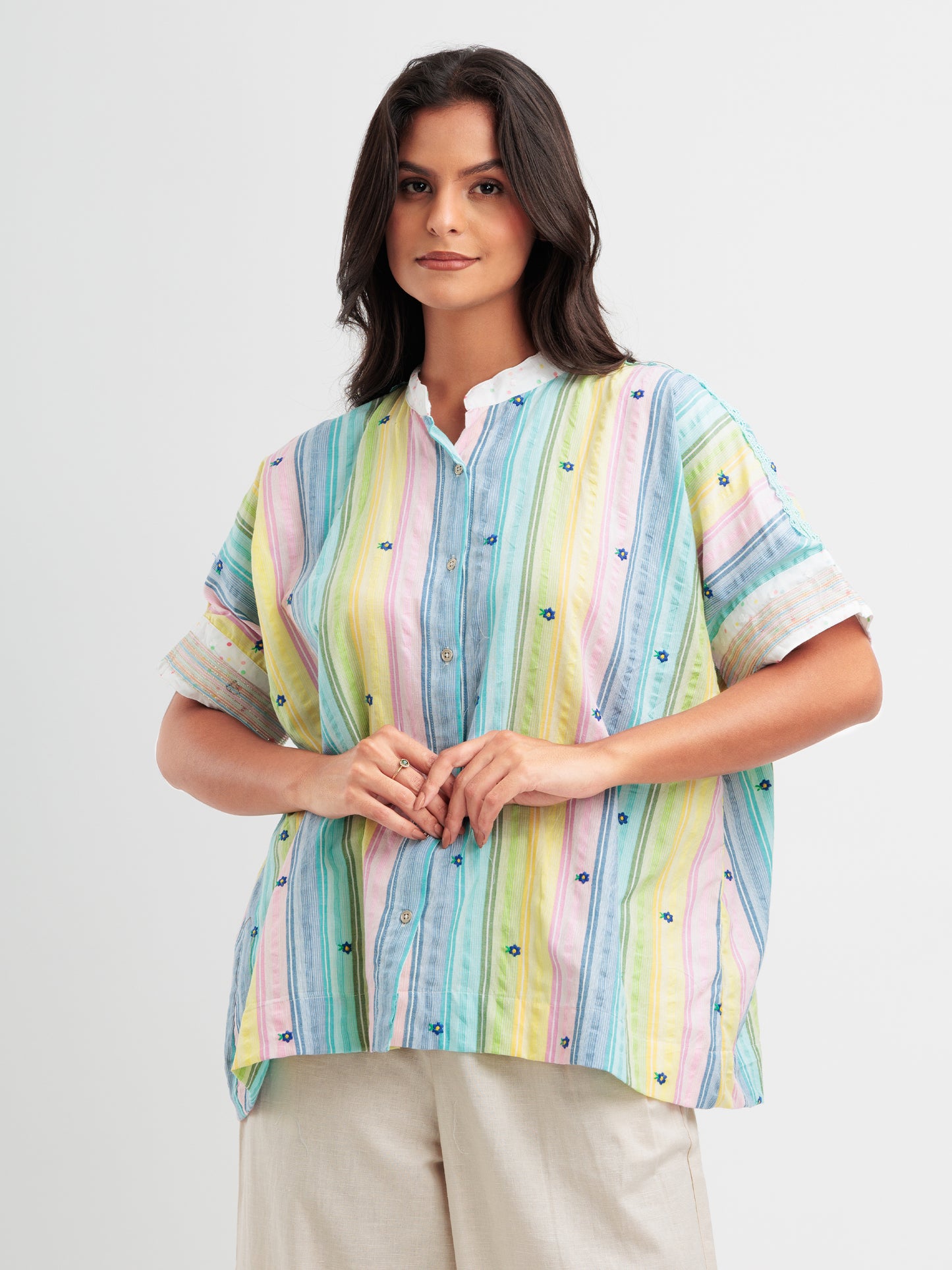 Pastel stripe women's kaftan shirt with floral embroidery and mandarin collar from The Thread Therapy.