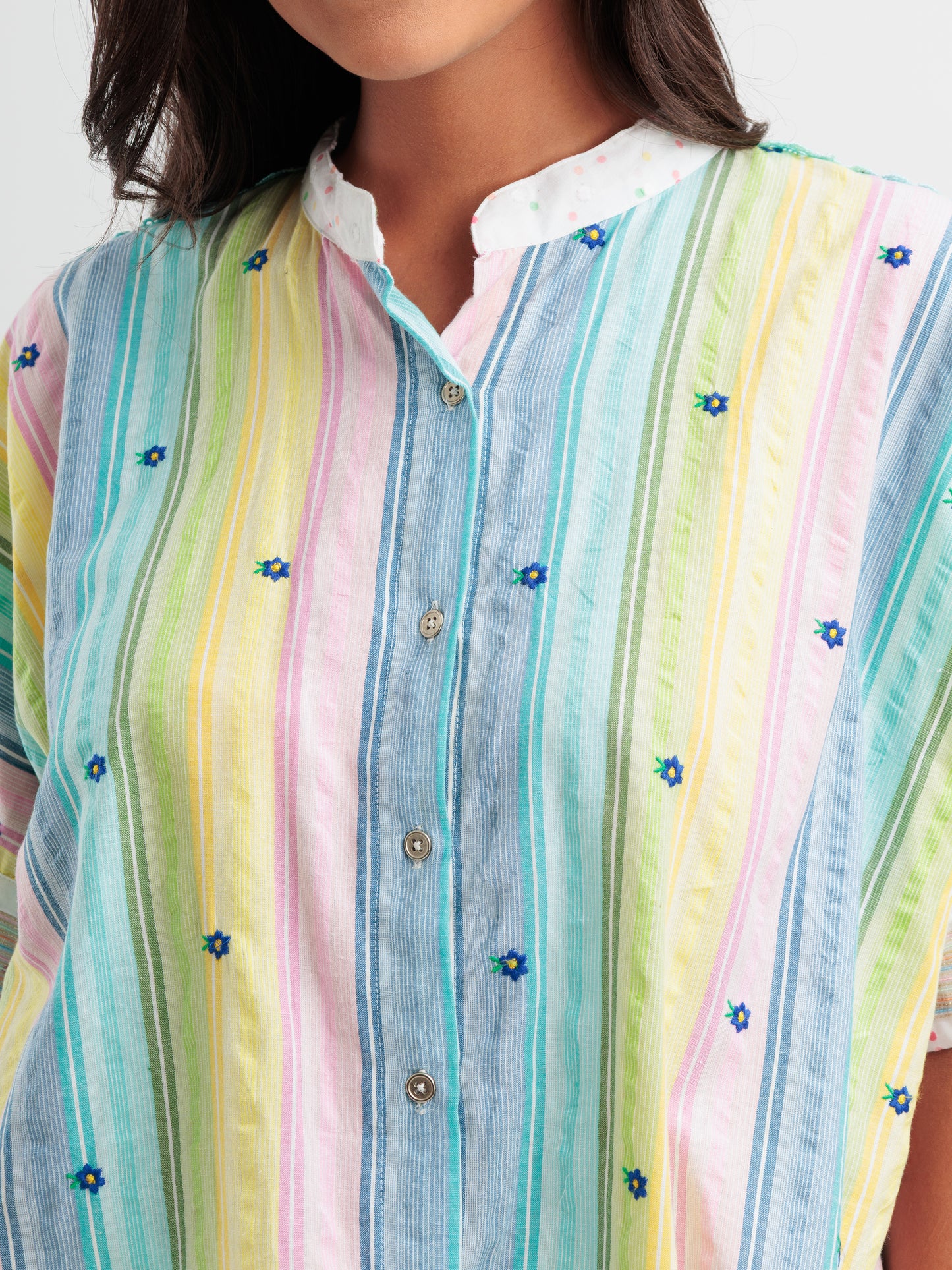 Pastel stripe women's kaftan shirt with floral embroidery and mandarin collar from The Thread Therapy.