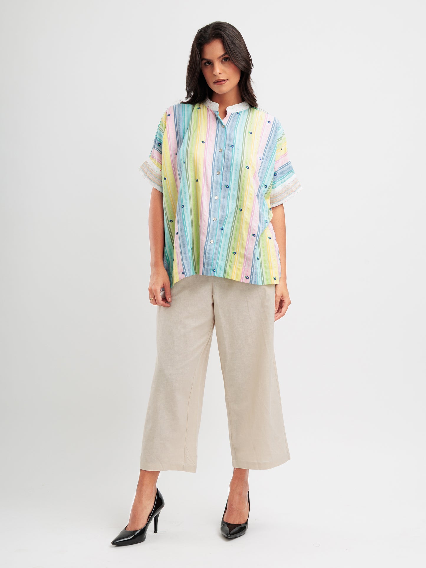 Pastel stripe women's kaftan shirt with floral embroidery and mandarin collar from The Thread Therapy.