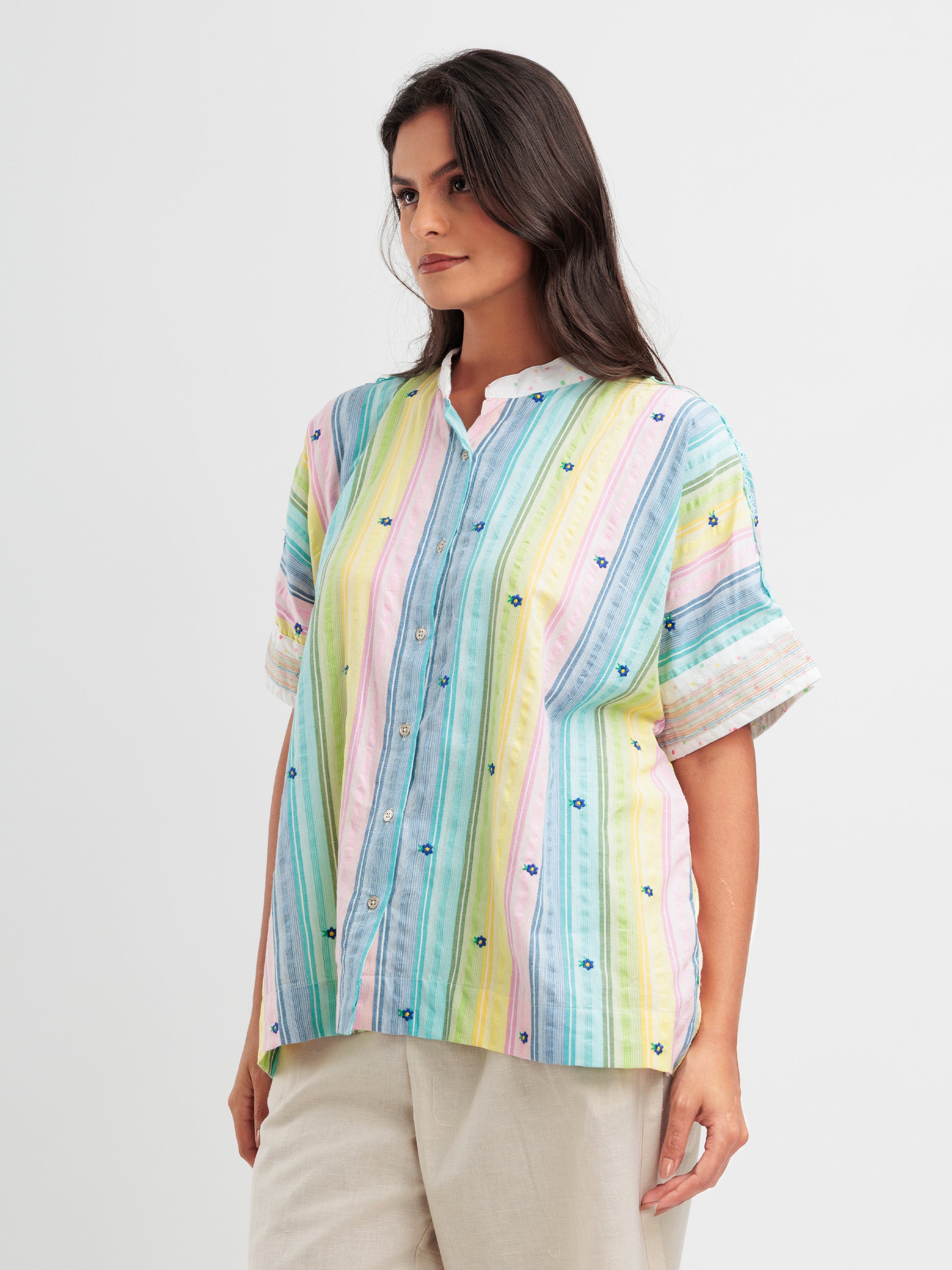 Pastel stripe women's kaftan shirt with floral embroidery and mandarin collar from The Thread Therapy.
