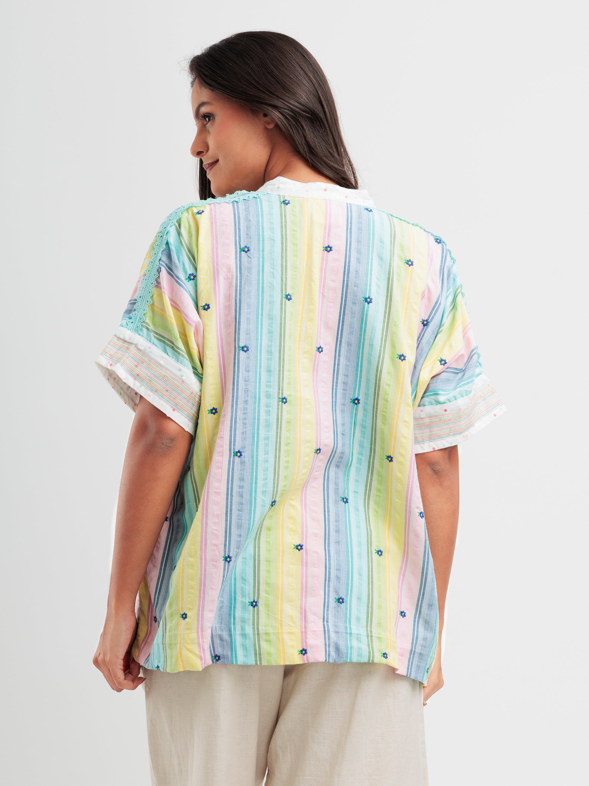 Pastel stripe women's kaftan shirt with floral embroidery and mandarin collar from The Thread Therapy.