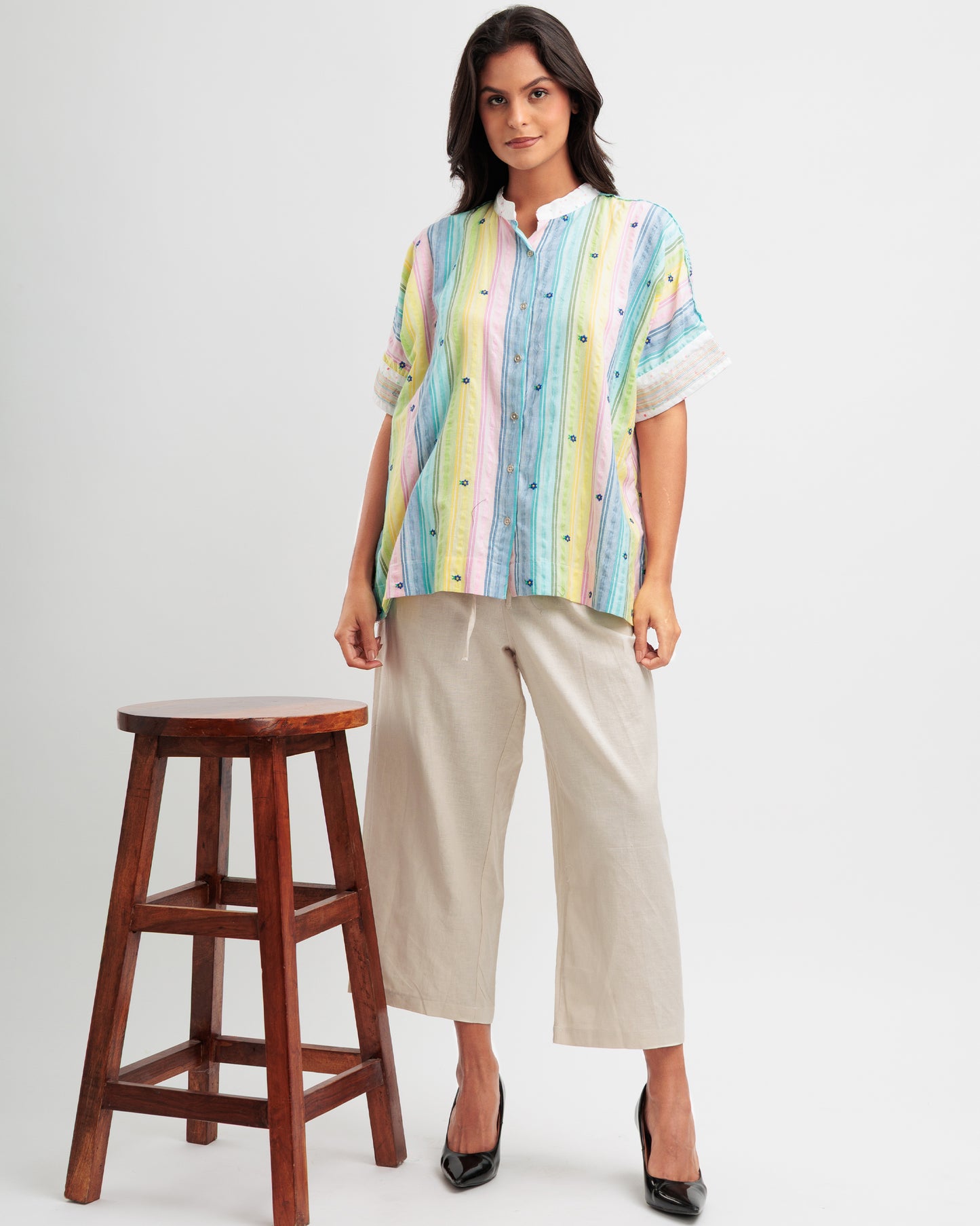 Pastel stripe women's kaftan shirt with floral embroidery and mandarin collar from The Thread Therapy.