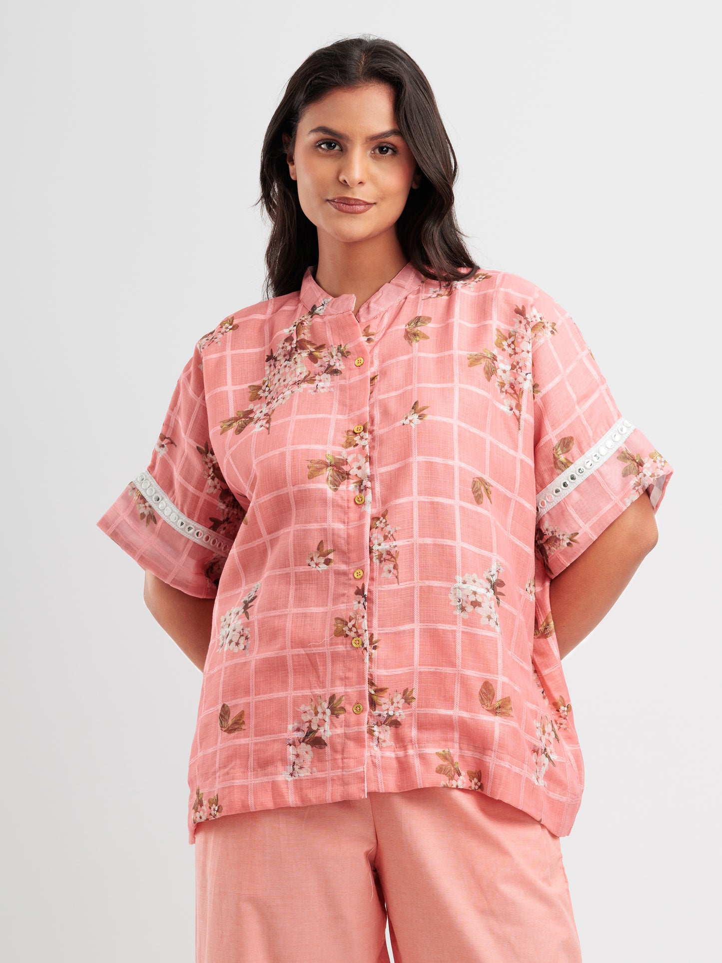 Peach floral kaftan shirt with lace sleeves and mandarin collar from The Thread Therapy.