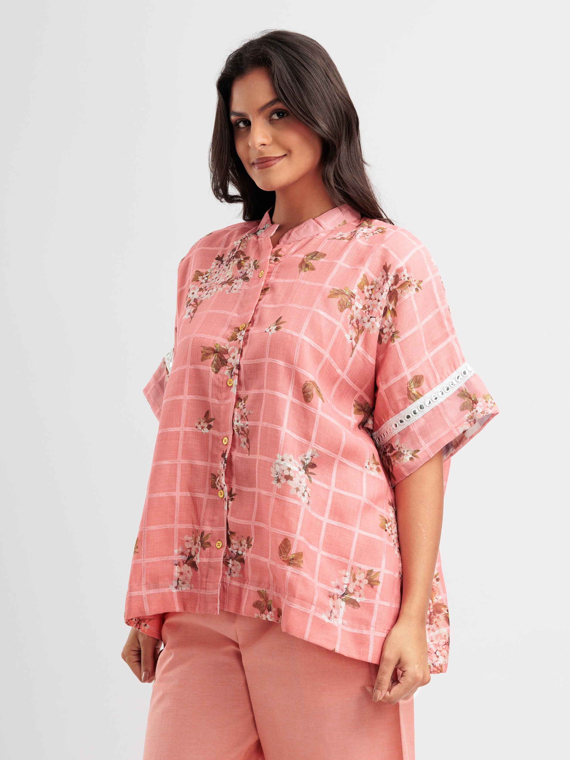 Peach floral kaftan shirt with lace sleeves and mandarin collar from The Thread Therapy.