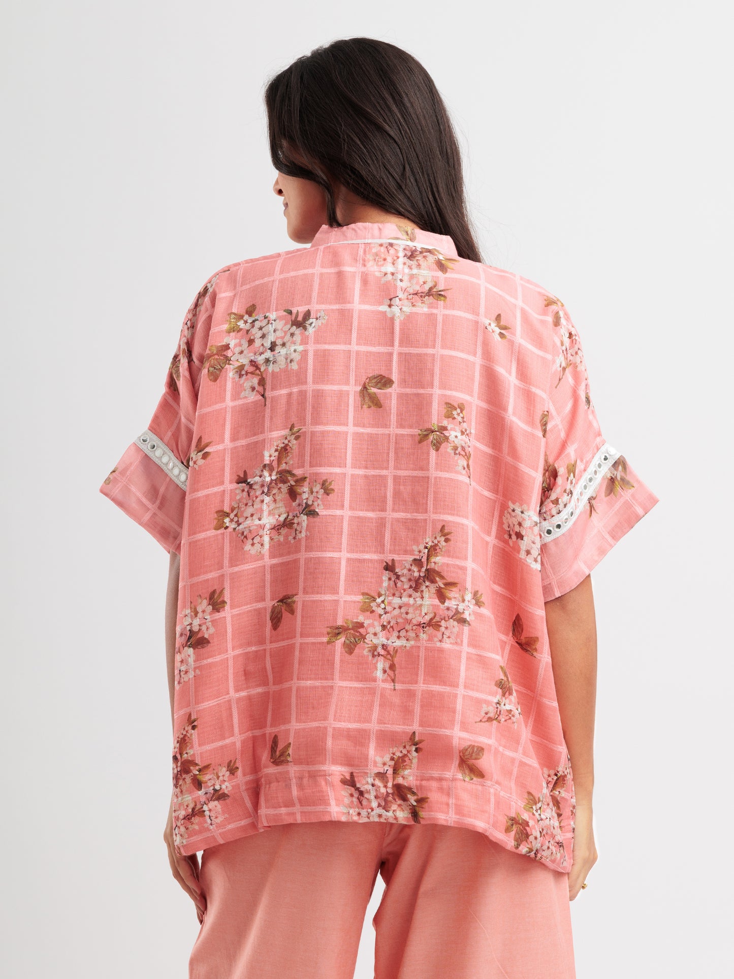 Peach floral kaftan shirt with lace sleeves and mandarin collar from The Thread Therapy.